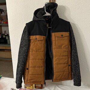 Men's Black and Brown Hooded Puffer Jacket